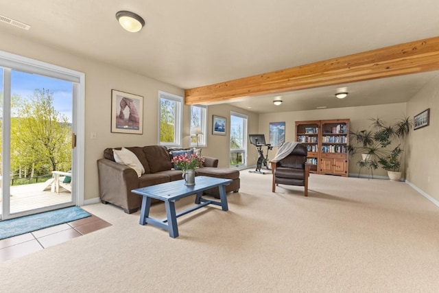 1763 Brome Dr, Steamboat Springs, CO 80487 - carpeted living area with beam ceiling, baseboards, and tile patterned flooring