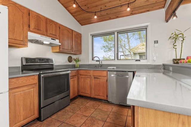 1763 Brome Dr, Steamboat Springs, CO 80487 - kitchen featuring appliances with stainless steel finishes, under cabinet range hood, rail lighting, a sink, and wood ceiling