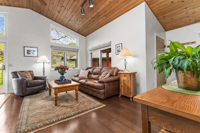 1763 Brome Dr, Steamboat Springs, CO 80487 - living room with wooden ceiling, dark wood-style floors, ceiling fan, and high vaulted ceiling