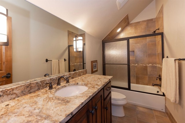 460 Two Cabins Dr, Silverthorne, CO 80498 - full bathroom with vanity, lofted ceiling, and bath / shower combo with glass door