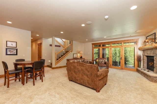 460 Two Cabins Dr, Silverthorne, CO 80498 - living room featuring light carpet, stairs, recessed lighting, and a fireplace