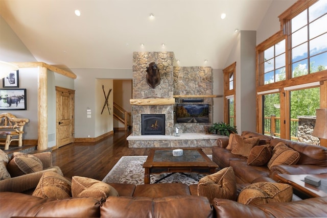 460 Two Cabins Dr, Silverthorne, CO 80498 - living room featuring a fireplace, wood-type flooring, recessed lighting, and high vaulted ceiling