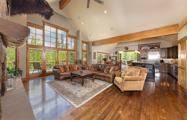 460 Two Cabins Dr, Silverthorne, CO 80498 - living area with beamed ceiling, dark wood-style floors, high vaulted ceiling, and ceiling fan
