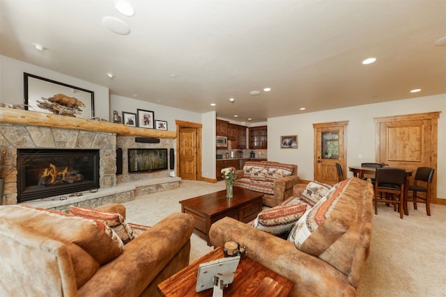 460 Two Cabins Dr, Silverthorne, CO 80498 - living area with light colored carpet, a fireplace, and recessed lighting