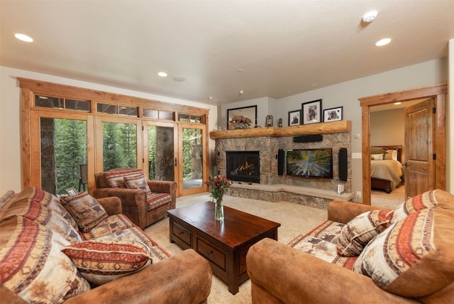 460 Two Cabins Dr, Silverthorne, CO 80498 - living room with light carpet, recessed lighting, healthy amount of natural light, and a stone fireplace