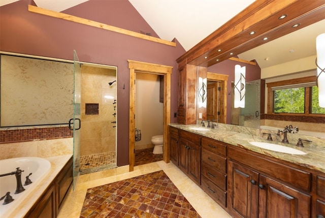 460 Two Cabins Dr, Silverthorne, CO 80498 - bathroom featuring lofted ceiling, a bath, a stall shower, double vanity, and recessed lighting