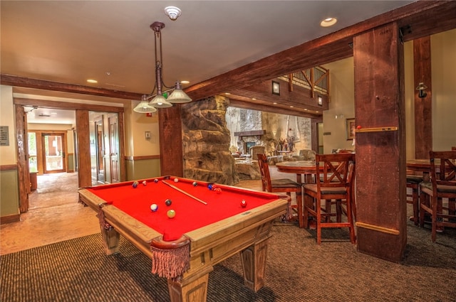 game room featuring pool table, carpet floors, and recessed lighting
