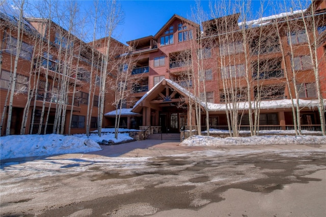 view of snow covered building