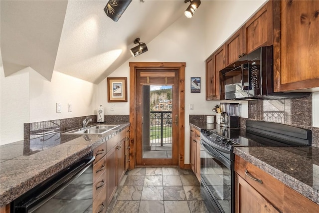 505 S Main St Unit 2207, Breckenridge, CO 80424 - kitchen featuring black appliances, a sink, lofted ceiling, brown cabinets, and light marble finish floors