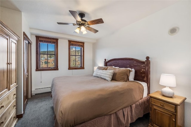 505 S Main St Unit 2207, Breckenridge, CO 80424 - bedroom with a baseboard radiator, dark carpet, and a ceiling fan