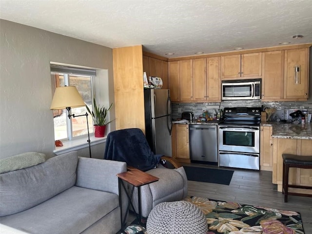 414 Tenderfoot St Unit 16, Dillon, CO 80435 - kitchen with tasteful backsplash, open floor plan, a textured wall, stainless steel appliances, and dark wood-style floors