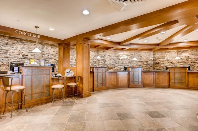 640 Village Rd Unit 4326, Breckenridge, CO 80424 - bar featuring visible vents, hanging light fixtures, beamed ceiling, a bar, and recessed lighting