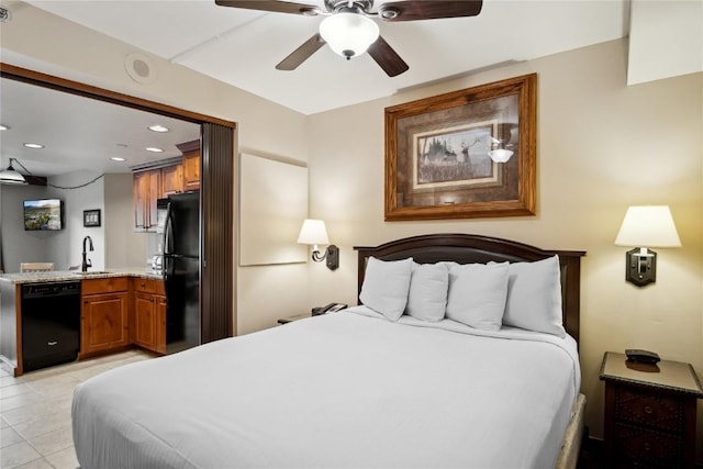 640 Village Rd Unit 4326, Breckenridge, CO 80424 - bedroom featuring a sink, freestanding refrigerator, recessed lighting, a ceiling fan, and light tile patterned floors