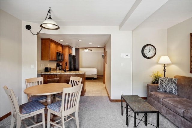 640 Village Rd Unit 4326, Breckenridge, CO 80424 - dining space with baseboards, a ceiling fan, recessed lighting, and light colored carpet