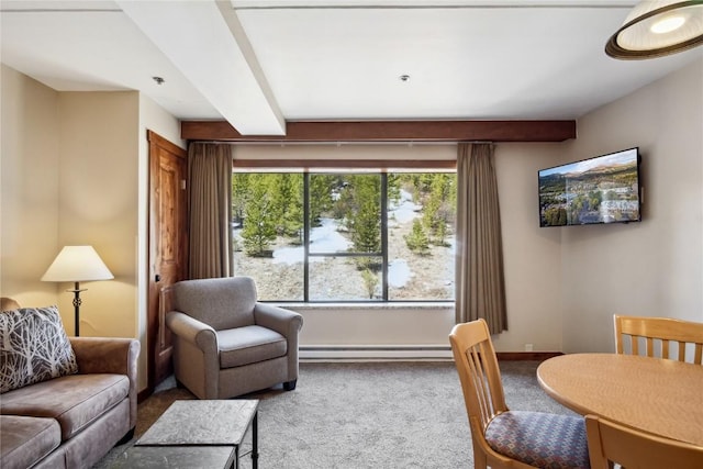 640 Village Rd Unit 4326, Breckenridge, CO 80424 - carpeted living area with baseboard heating and beamed ceiling