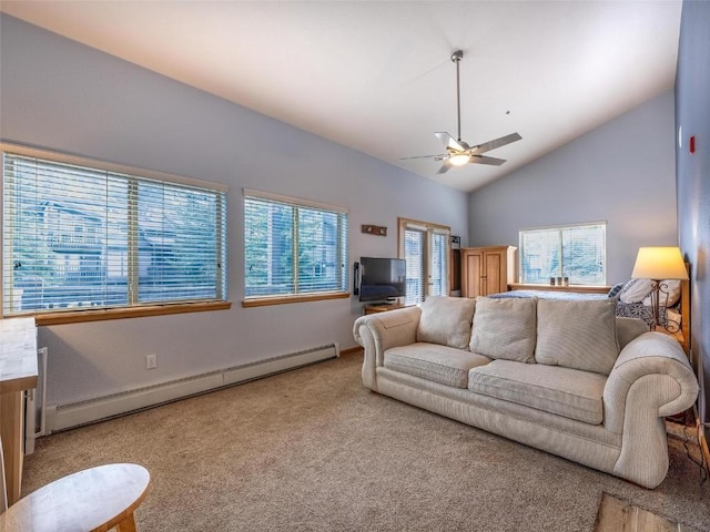 233 Creekside Dr Unit 104, Frisco, CO 80443 - living area featuring baseboard heating, carpet flooring, ceiling fan, and lofted ceiling