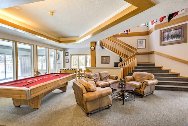233 Creekside Dr Unit 104, Frisco, CO 80443 - playroom featuring carpet flooring, a tray ceiling, billiards table, and a textured ceiling