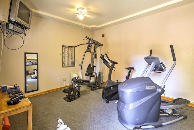 233 Creekside Dr Unit 104, Frisco, CO 80443 - exercise room featuring a ceiling fan, baseboards, and carpet