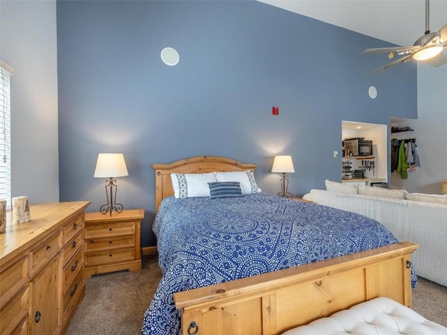 233 Creekside Dr Unit 104, Frisco, CO 80443 - bedroom featuring carpet floors, high vaulted ceiling, and a ceiling fan
