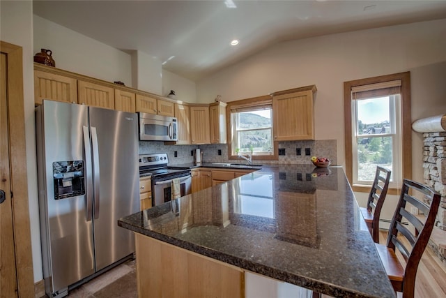 74 Stag Trl Unit 74, Dillon, CO 80435 - kitchen featuring stainless steel appliances, a peninsula, backsplash, light brown cabinets, and vaulted ceiling