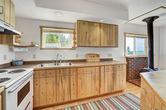 103 Foxtail Ct, Fairplay, CO 80440 - kitchen featuring white electric stove, a wood stove, extractor fan, light wood-style floors, and recessed lighting
