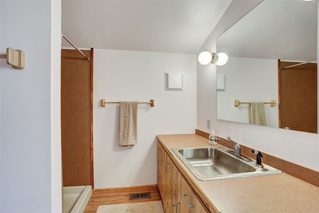 103 Foxtail Ct, Fairplay, CO 80440 - full bath with a shower, vanity, and wood finished floors