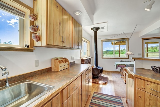 103 Foxtail Ct, Fairplay, CO 80440 - kitchen featuring a wood stove, dark countertops, and light wood-type flooring