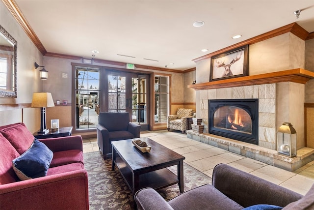 600 Columbine Rd Unit 5306, Breckenridge, CO 80424 - tiled living area with ornamental molding, a fireplace, and recessed lighting