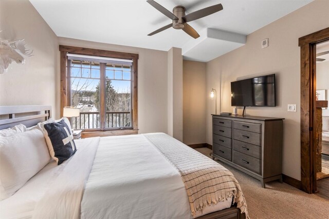 600 Columbine Rd Unit 5306, Breckenridge, CO 80424 - bedroom featuring access to exterior, baseboards, a ceiling fan, and carpet floors