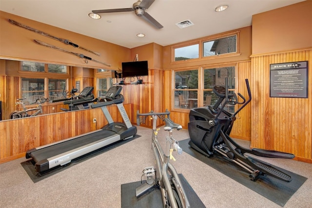 129 River Run Rd Unit 8040, Keystone, CO 80435 - workout area with a ceiling fan, wooden walls, and carpet