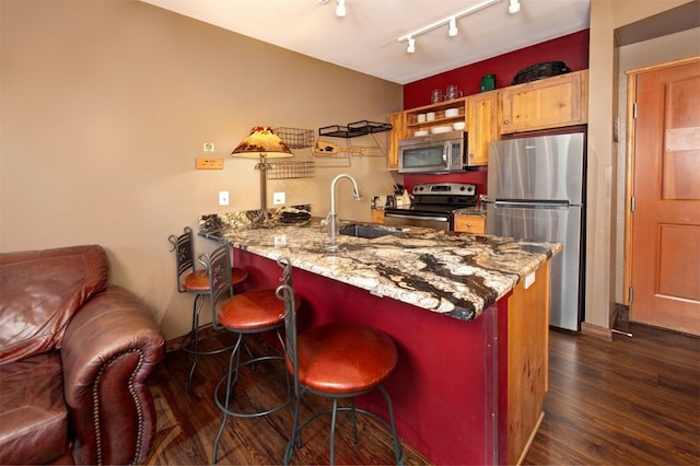 129 River Run Rd Unit 8040, Keystone, CO 80435 - kitchen with stainless steel appliances, a sink, track lighting, a peninsula, and dark wood finished floors