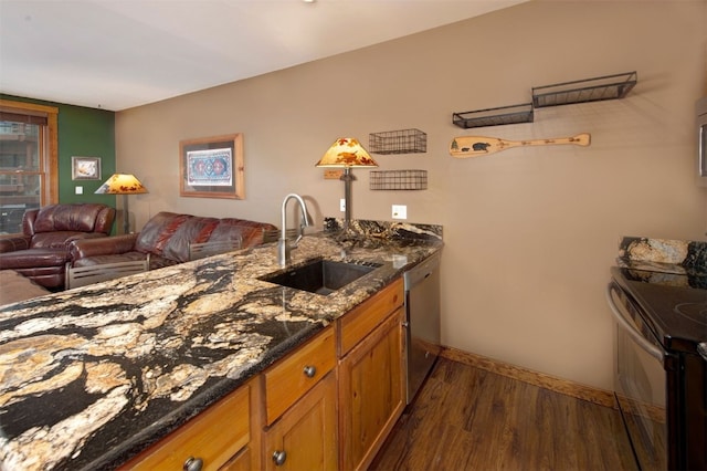 129 River Run Rd Unit 8040, Keystone, CO 80435 - kitchen featuring a sink, electric stove, dark wood-style floors, stainless steel dishwasher, and brown cabinets