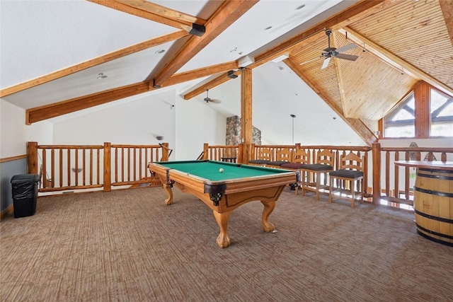 22714 US Highway 6 Unit 5941, Keystone, CO 80435 - recreation room with carpet floors, lofted ceiling with beams, a ceiling fan, and billiards