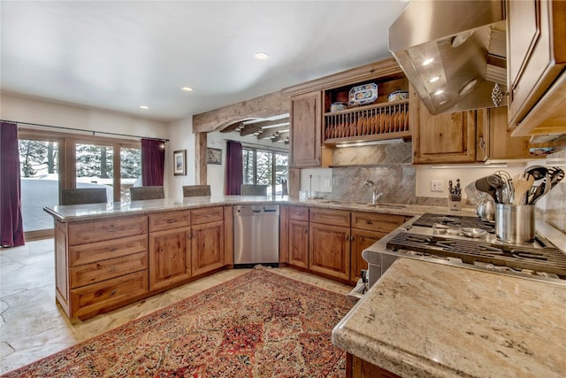 68 Snowy Ridge Rd, Breckenridge, CO 80424 - kitchen featuring recessed lighting, dishwasher, a sink, a peninsula, and custom range hood
