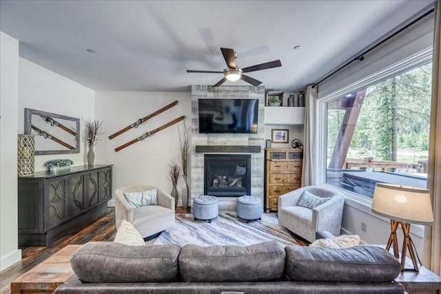 102 Lake Ridge Cir Unit 1888, Keystone, CO 80435 - living room featuring a ceiling fan, wood finished floors, and a large fireplace