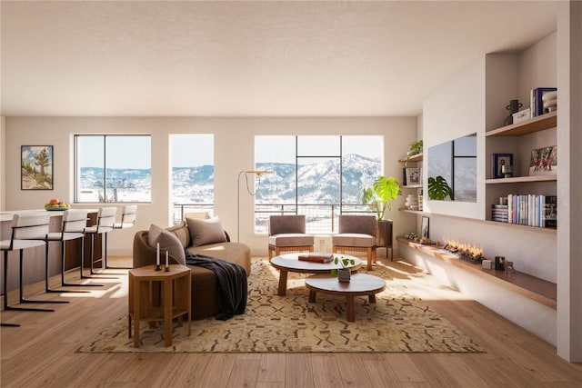 interior space with a mountain view and light wood-type flooring