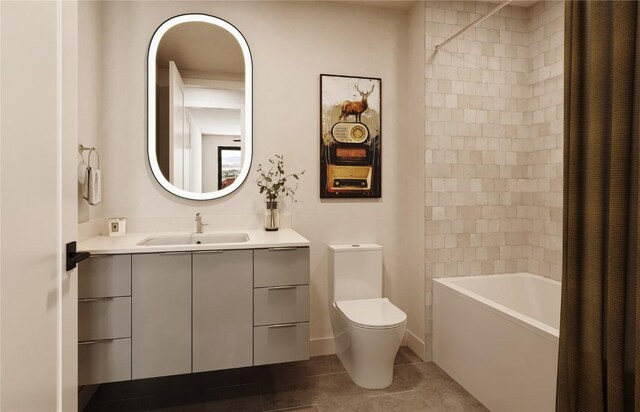 full bathroom featuring tile patterned floors, vanity, toilet, and shower / bathtub combination with curtain