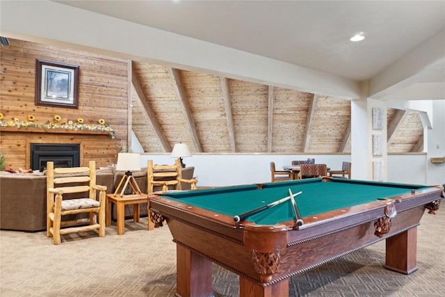 23177 Barbour Dr Unit 14, Keystone, CO 80435 - game room with billiards, carpet, wooden ceiling, and a fireplace