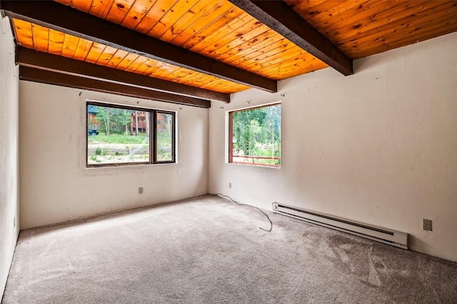 243 Lone Hand Way, Breckenridge, CO 80424 - spare room featuring baseboard heating, carpet flooring, and a wooden ceiling with exposed beams