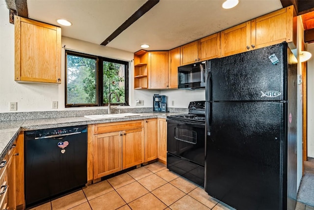 243 Lone Hand Way, Breckenridge, CO 80424 - kitchen featuring black appliances, tile counters, light tile patterned flooring, recessed lighting, and open shelves