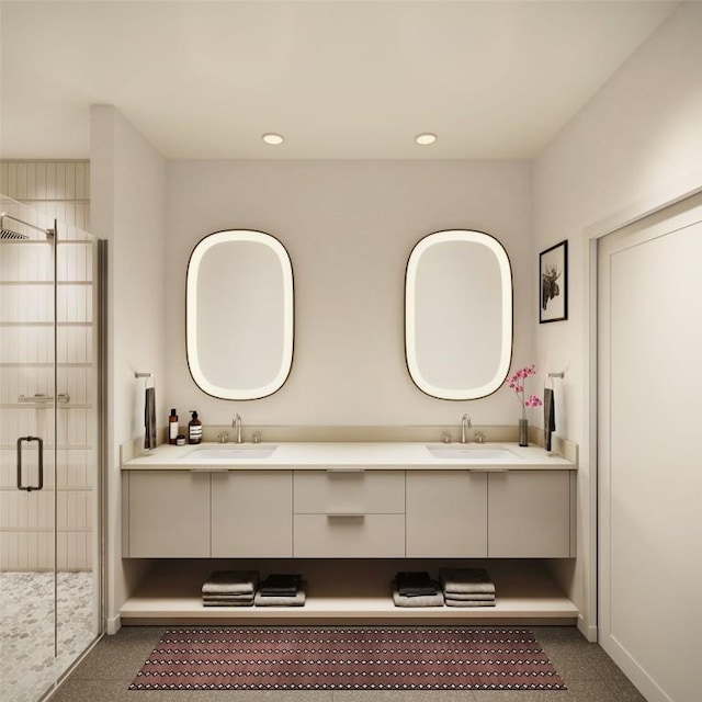 1550 Amble Dr Unit 102, Steamboat Springs, CO 80487 - bathroom featuring double vanity, a stall shower, recessed lighting, and baseboards