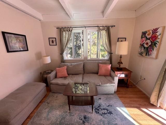 living room with beam ceiling and wood finished floors