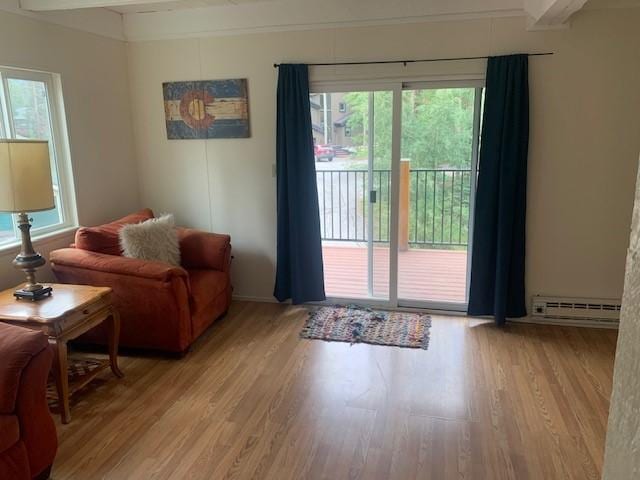 living room with baseboard heating, light wood-style flooring, plenty of natural light, and beam ceiling
