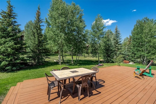 12 Raindance Trl, Dillon, CO 80435 - wooden terrace with outdoor dining area, a lawn, and view of scattered trees