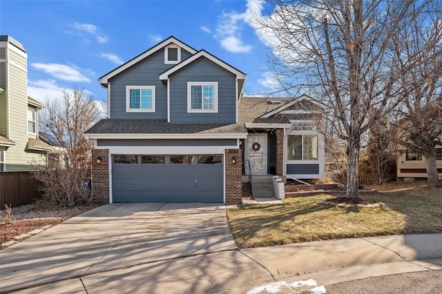 view of front of property featuring driveway, fence, roof with shingles, an attached garage, and brick siding