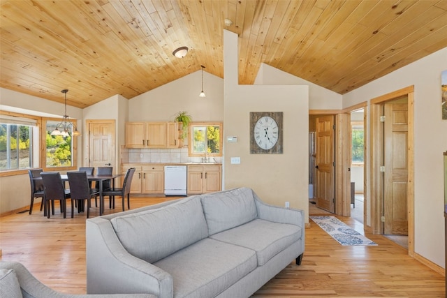 living room featuring lofted ceiling, light wood-type flooring, wooden ceiling, and a healthy amount of sunlight