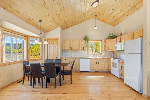 dining space with sink, high vaulted ceiling, light hardwood / wood-style flooring, and wood ceiling