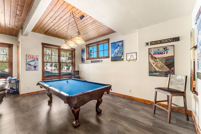 rec room featuring wood ceiling, pool table, and baseboards