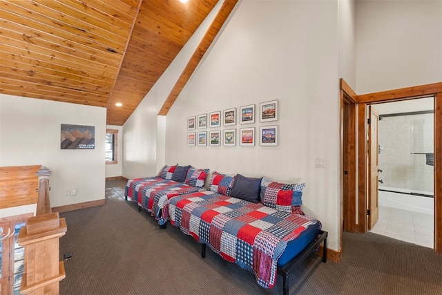 bedroom featuring carpet floors, wooden ceiling, high vaulted ceiling, and baseboards