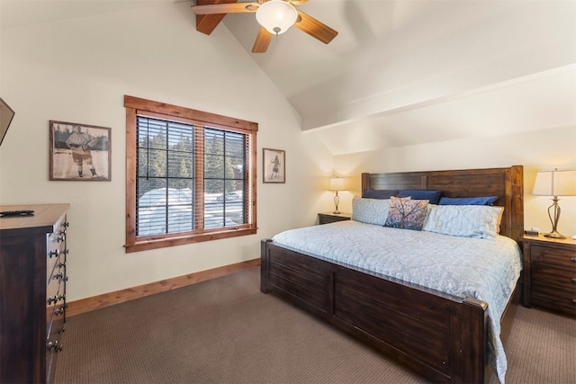 carpeted bedroom featuring a ceiling fan, vaulted ceiling with beams, and baseboards